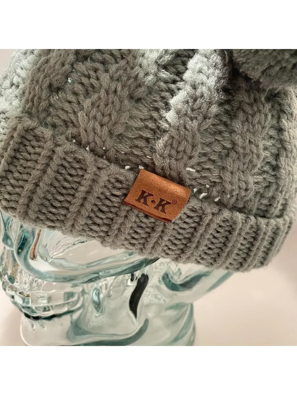 Kids Winter Hat Grey w Pom Pom Ears Cute Thick Warm Knitted Winter Beanie NEW